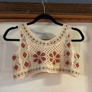 Crochet Floral Patterned Crop Top - Cream and Red